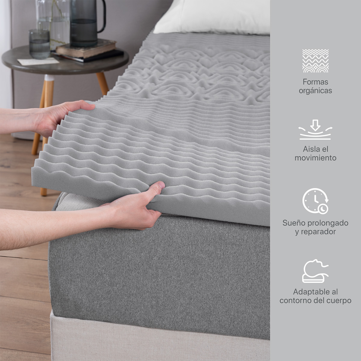 Colchoneta Cubrecolchón Memory Foam King Size Topper Sobrecolchón con 5 Zonas Ergonómicas Gris REAL TEXTIL.
