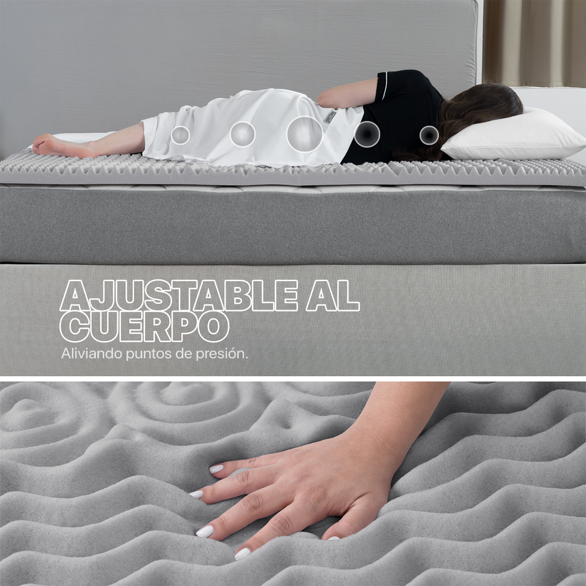 Colchoneta Cubrecolchón Memory Foam King Size Topper Sobrecolchón con 5 Zonas Ergonómicas Gris REAL TEXTIL.