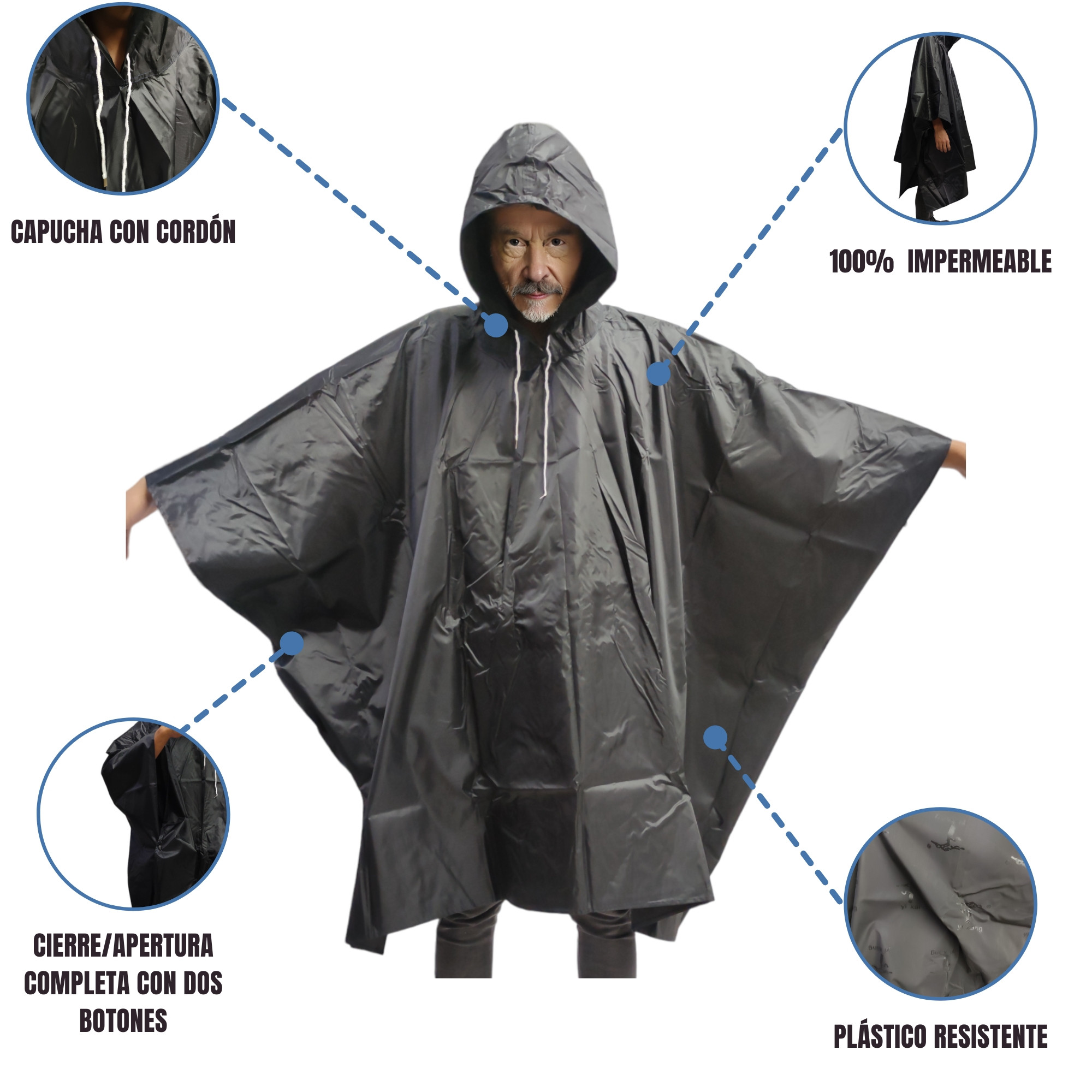 Capa Impermeable Poncho para Lluvia Portatil Capucha Industrial - Negro.