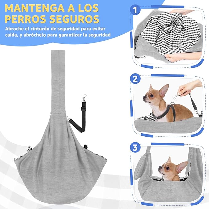 A SlowTon Cangurera Mochila para Llevar Perro Manos Libres con Correa Acolchada Ajustable, Bolsa de Algodón Transpirable con Cinturón de Seguridad para Mascota hasta 6kg, Lavable a Máquina (Gris).