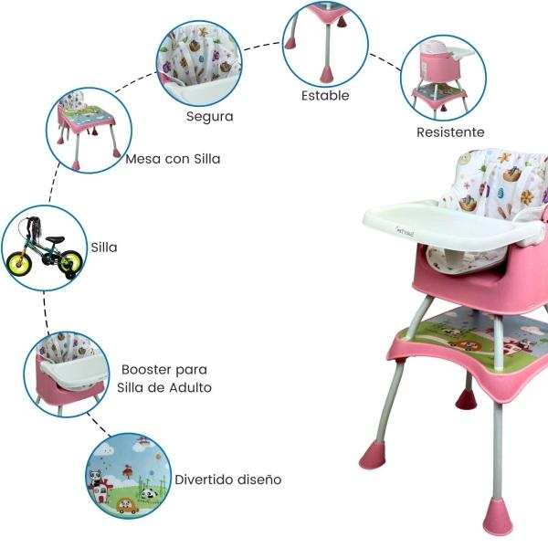 Silla Alta con Periquera para Bebe con Bandeja y Convertible  - Rosa