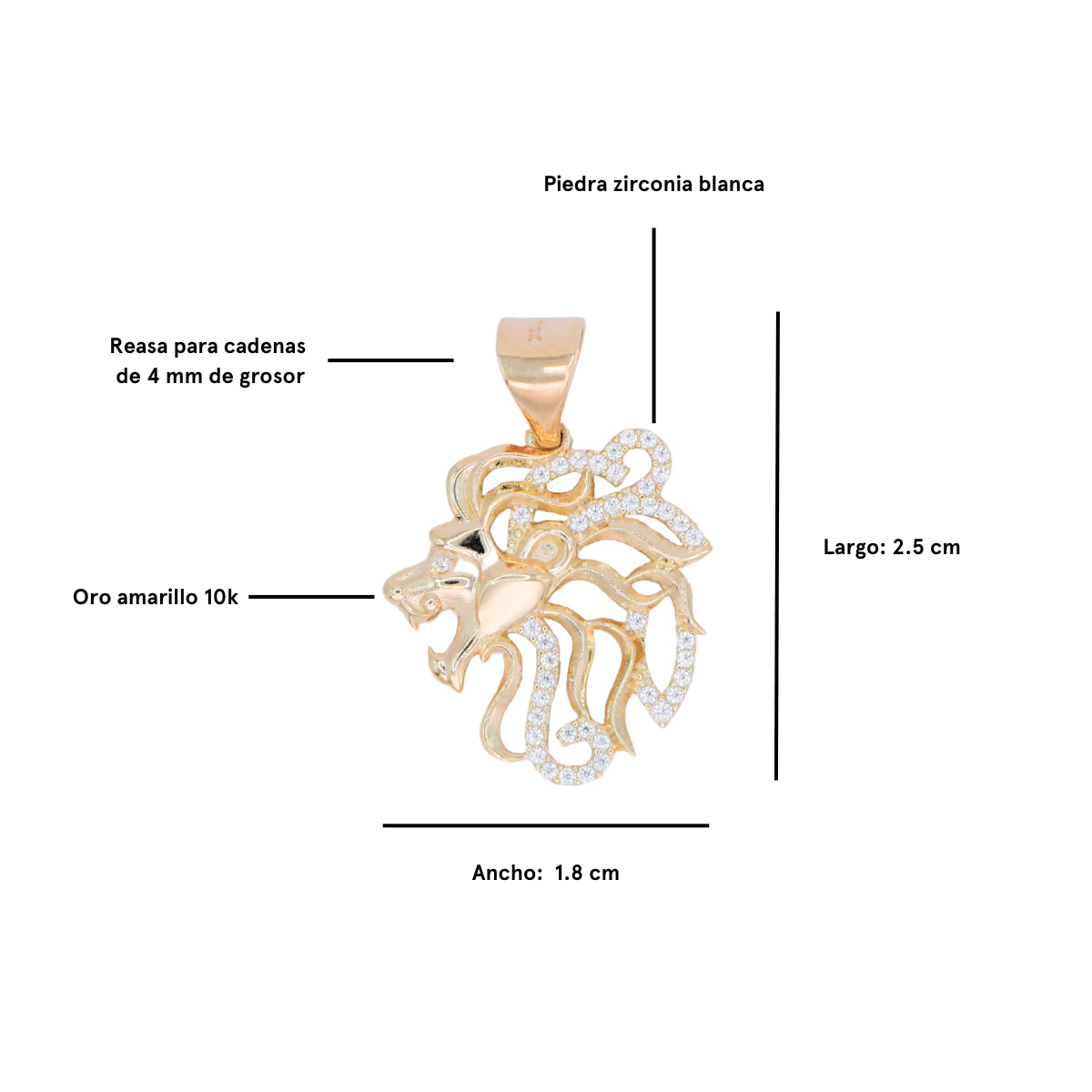 Dije León oro 10k silueta con piedra zirconia.