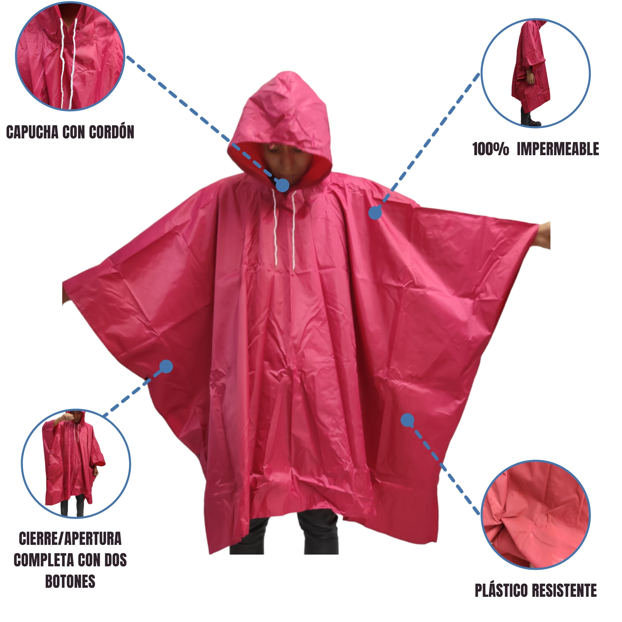 Capa Impermeable Poncho para Lluvia Portatil Capucha Industrial - ROJO .