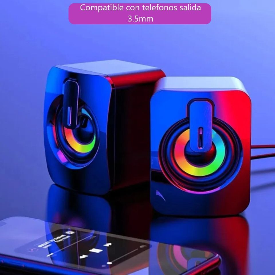 Bocinas mini altavoz portátil USB audio PC lap teléfono luces RGB volumen 3,5mm estéreo HiFi LED