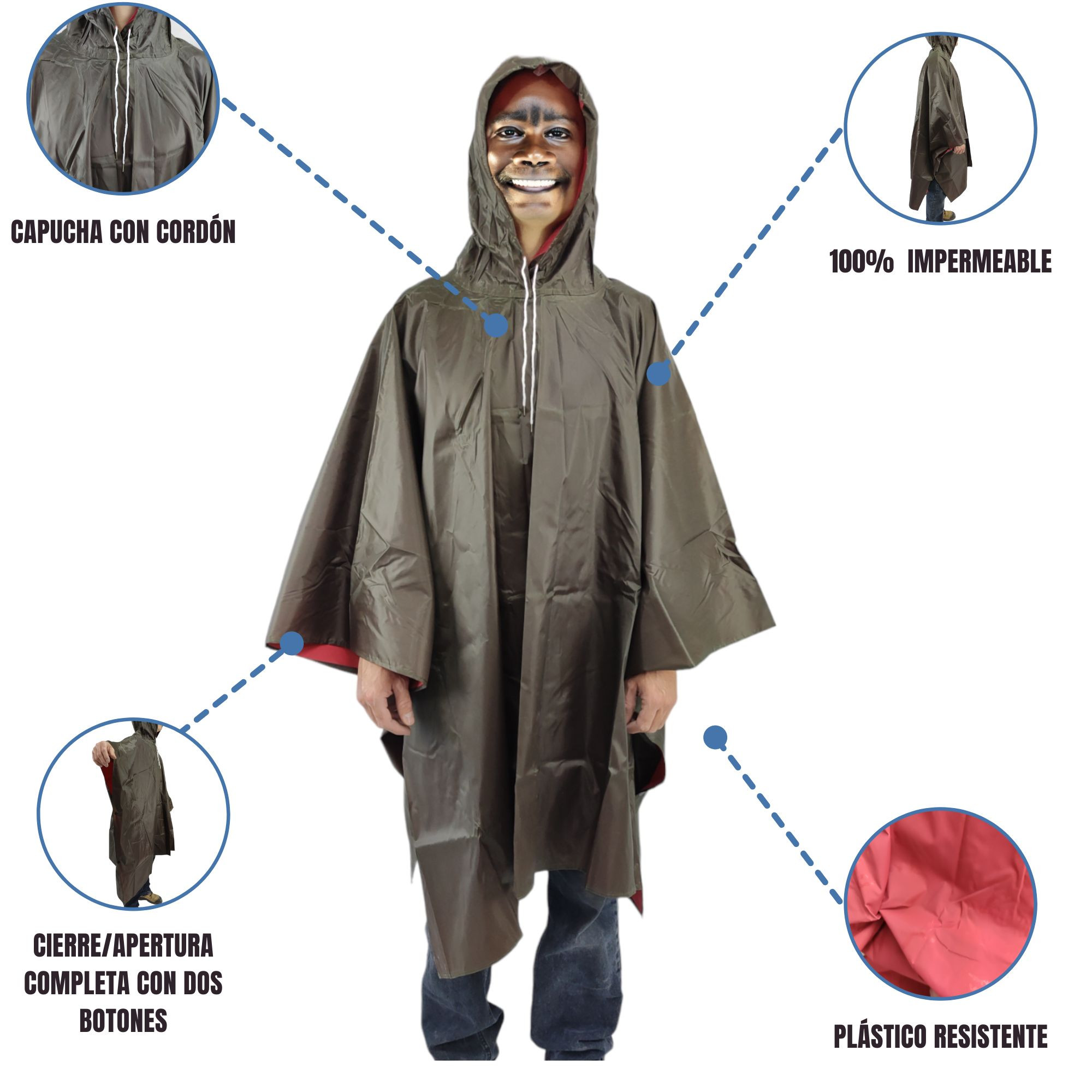 Capa Impermeable Poncho para Lluvia Portatil Capucha Industrial - Cafe .