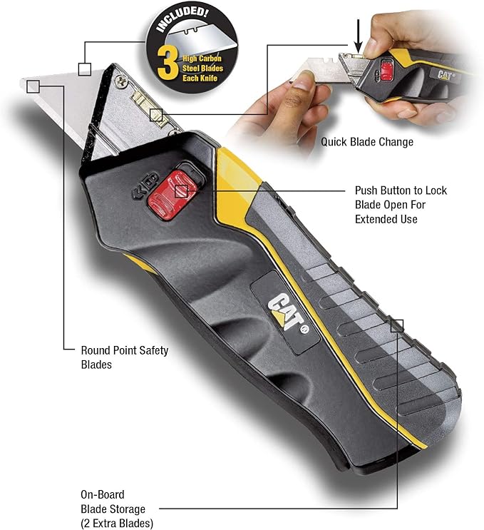 Cat Safety Utility Knife Box Cutter Self-Retracting Blade, Squeeze Handle to Extend Blade, Release to Retract, Lock Blade Open w/Switch, Ergo Handle w/ 3 Safety-Tip Blades That Store Inside - 240071.