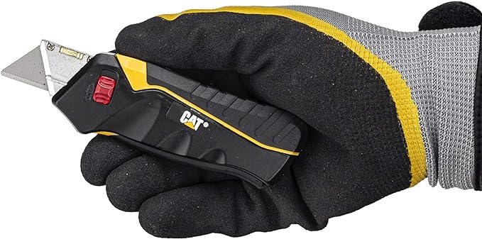 Cat Safety Utility Knife Box Cutter Self-Retracting Blade, Squeeze Handle to Extend Blade, Release to Retract, Lock Blade Open w/Switch, Ergo Handle w/ 3 Safety-Tip Blades That Store Inside - 240071.