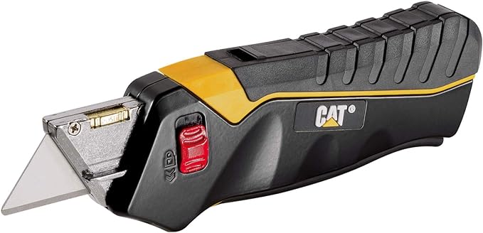 Cat Safety Utility Knife Box Cutter Self-Retracting Blade, Squeeze Handle to Extend Blade, Release to Retract, Lock Blade Open w/Switch, Ergo Handle w/ 3 Safety-Tip Blades That Store Inside - 240071.