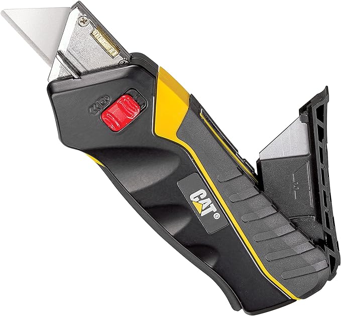 Cat Safety Utility Knife Box Cutter Self-Retracting Blade, Squeeze Handle to Extend Blade, Release to Retract, Lock Blade Open w/Switch, Ergo Handle w/ 3 Safety-Tip Blades That Store Inside - 240071.