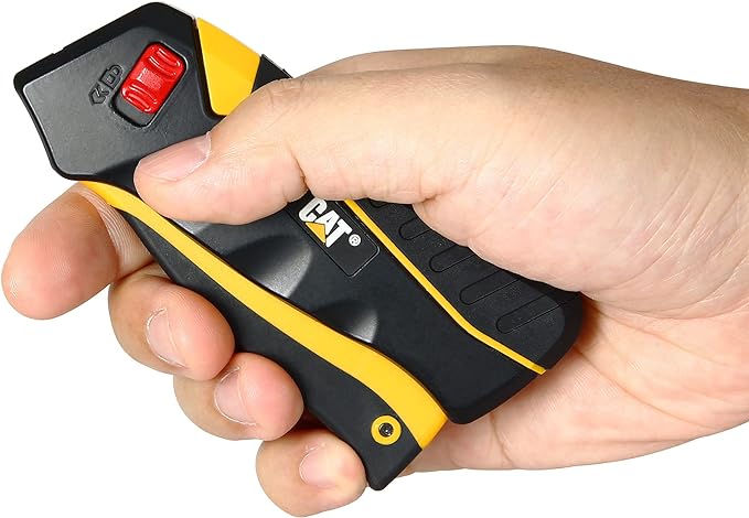 Cat Safety Utility Knife Box Cutter Self-Retracting Blade, Squeeze Handle to Extend Blade, Release to Retract, Lock Blade Open w/Switch, Ergo Handle w/ 3 Safety-Tip Blades That Store Inside - 240071.