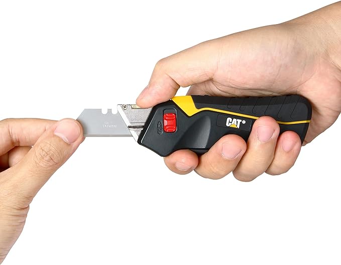 Cat Safety Utility Knife Box Cutter Self-Retracting Blade, Squeeze Handle to Extend Blade, Release to Retract, Lock Blade Open w/Switch, Ergo Handle w/ 3 Safety-Tip Blades That Store Inside - 240071.