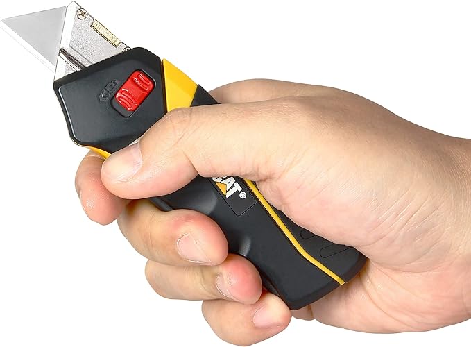 Cat Safety Utility Knife Box Cutter Self-Retracting Blade, Squeeze Handle to Extend Blade, Release to Retract, Lock Blade Open w/Switch, Ergo Handle w/ 3 Safety-Tip Blades That Store Inside - 240071.