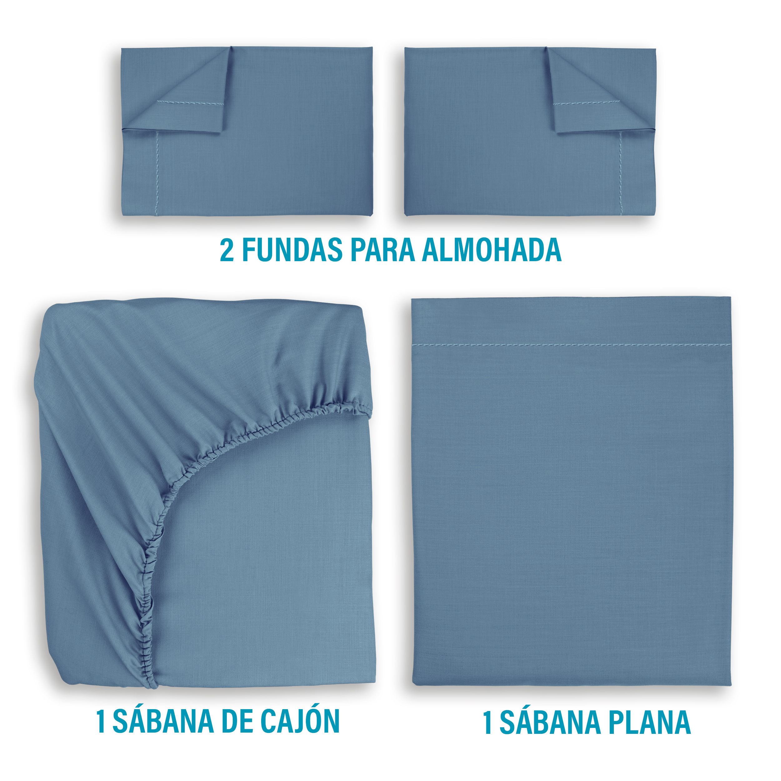Juego De Sábanas Algodón Matrimonial Color Azul Cielo 4 Pzas Transpirable.