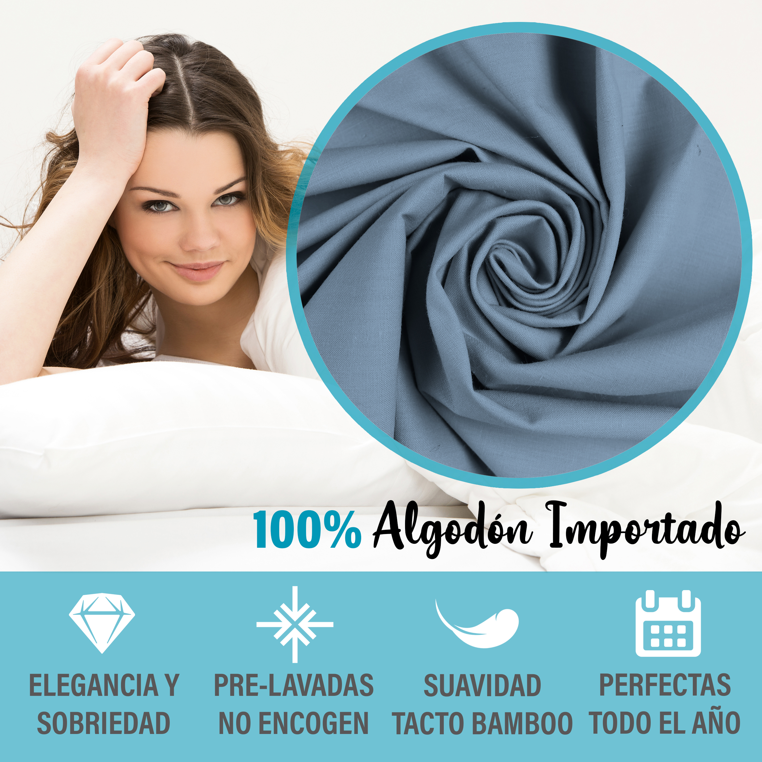 Juego De Sábanas Algodón Matrimonial Color Azul Cielo 4 Pzas Transpirable.