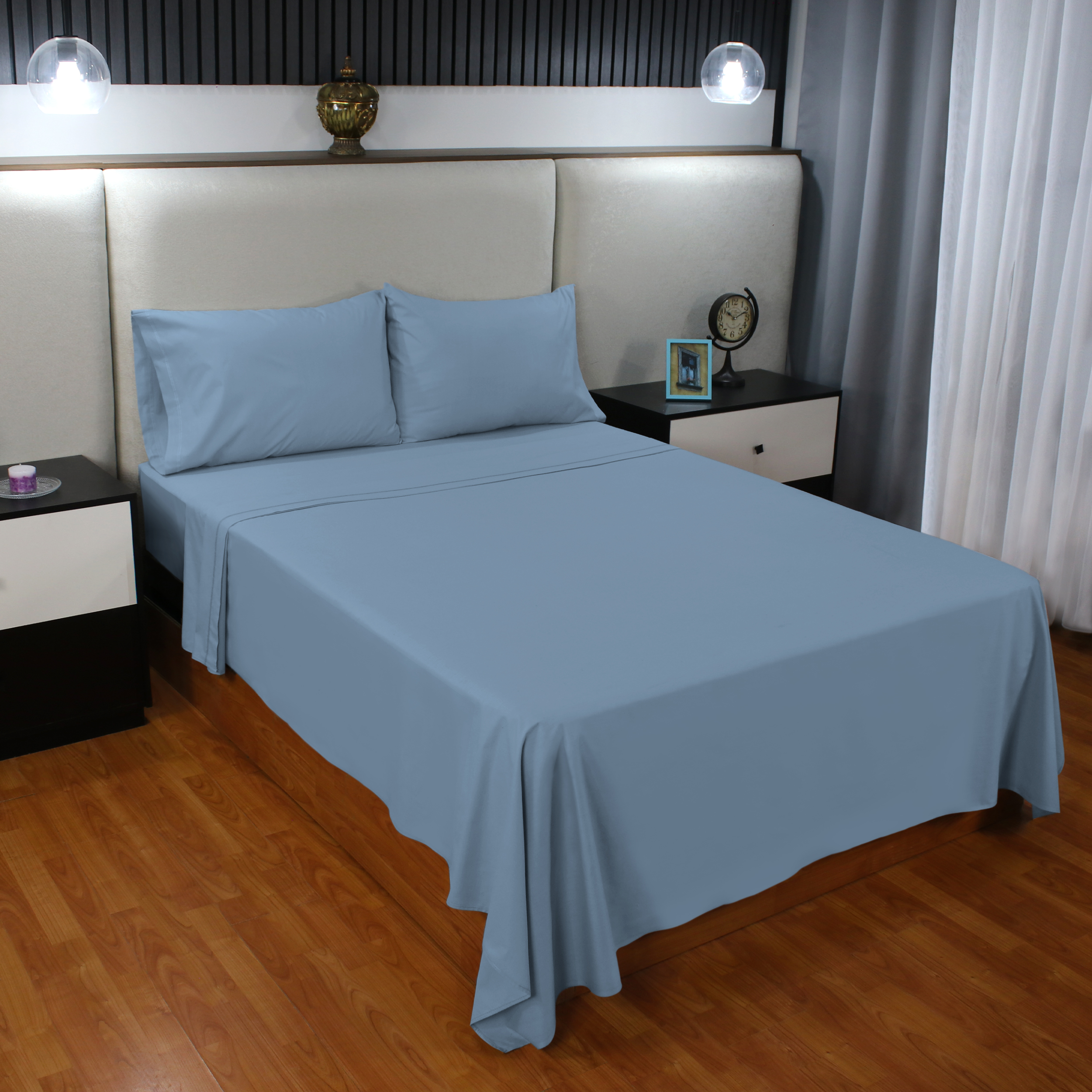 Juego De Sábanas Algodón Matrimonial Color Azul Cielo 4 Pzas Transpirable.
