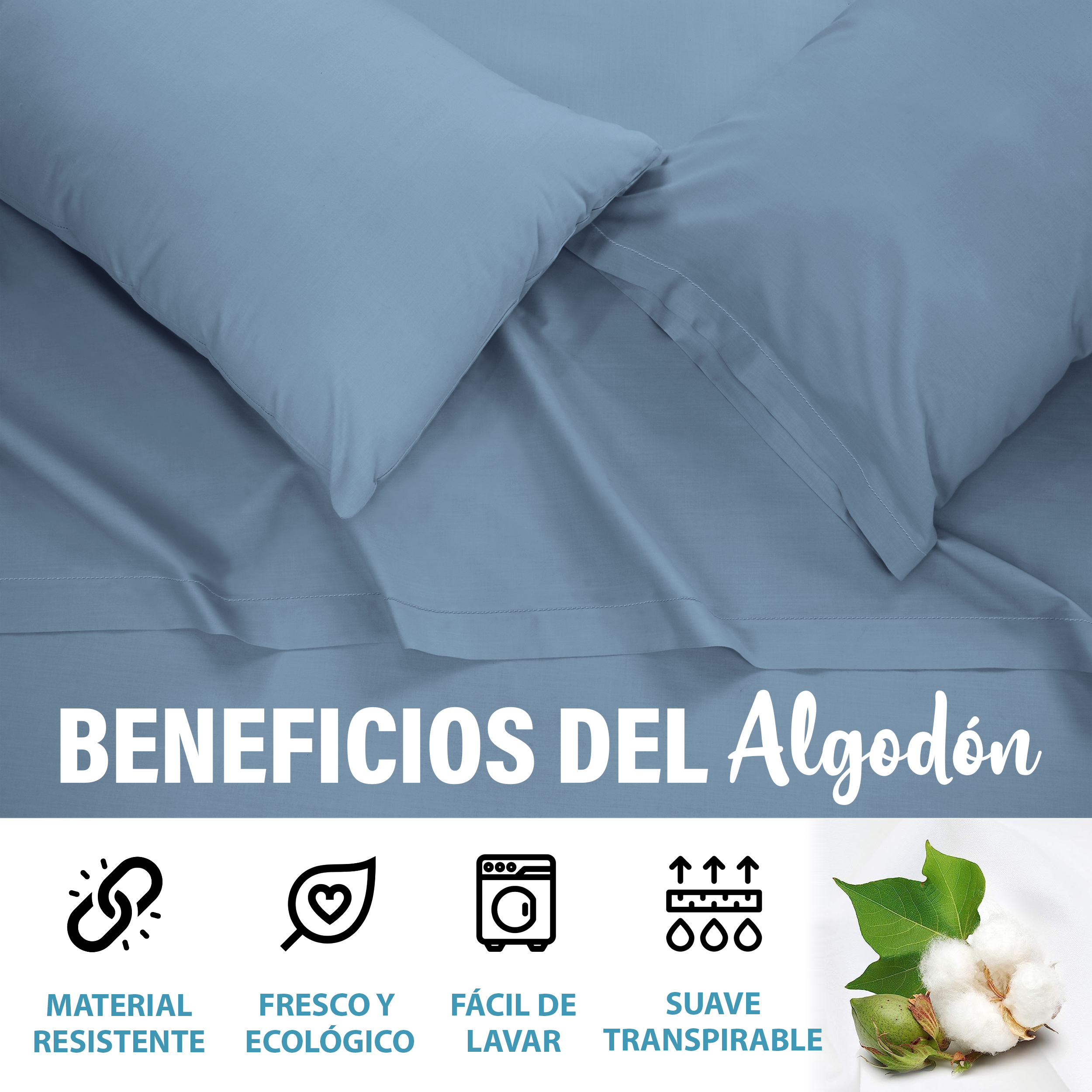 Juego De Sábanas Algodón Matrimonial Color Azul Cielo 4 Pzas Transpirable.
