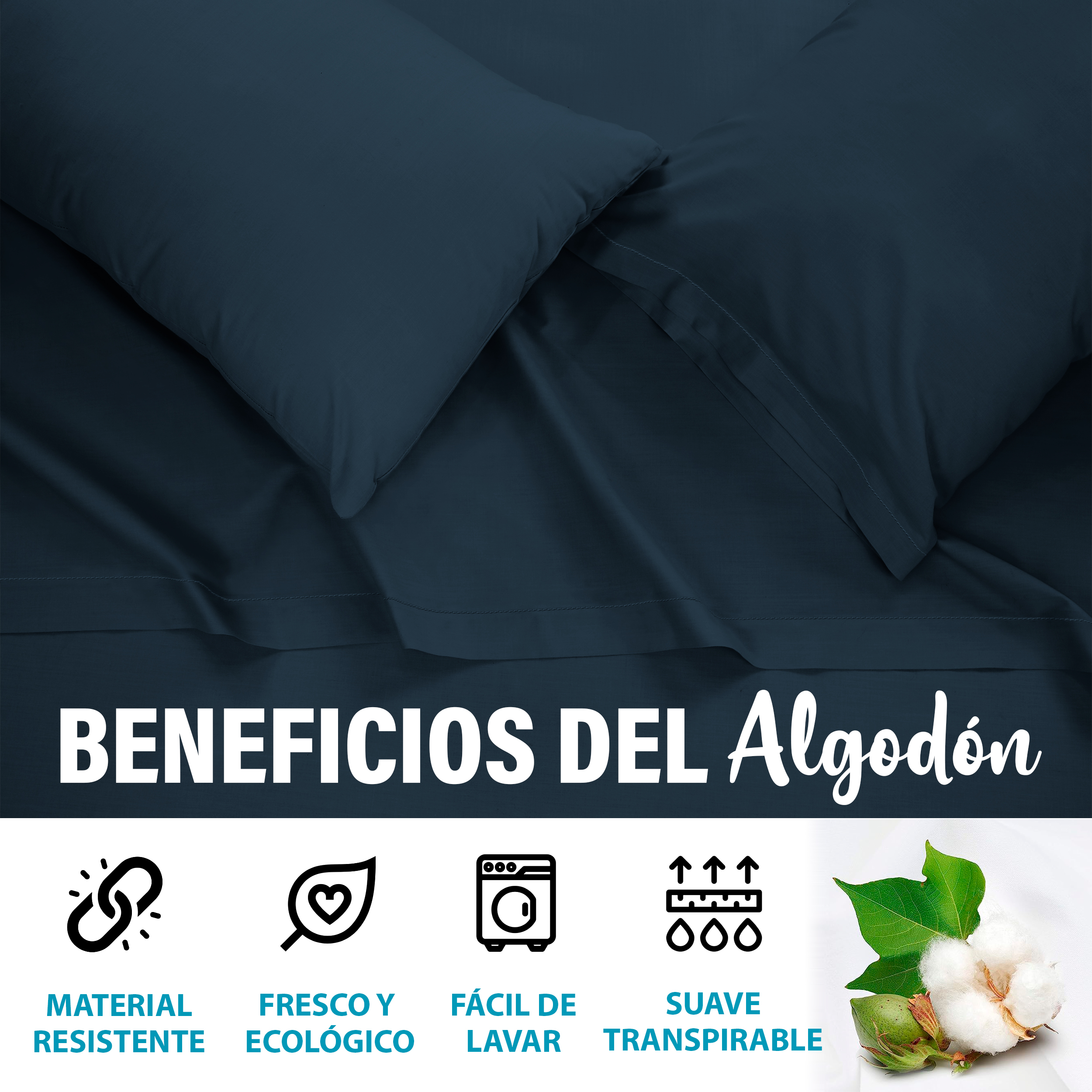 Juego De Sábanas Algodón Matrimonial Color Azul Marino 4 Pzas Transpirable