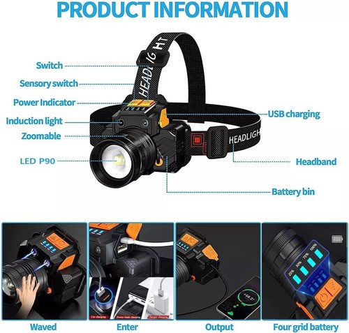 "Lámpara Led Cabeza Minera Recargable Descargable Impermeable negro naranja "