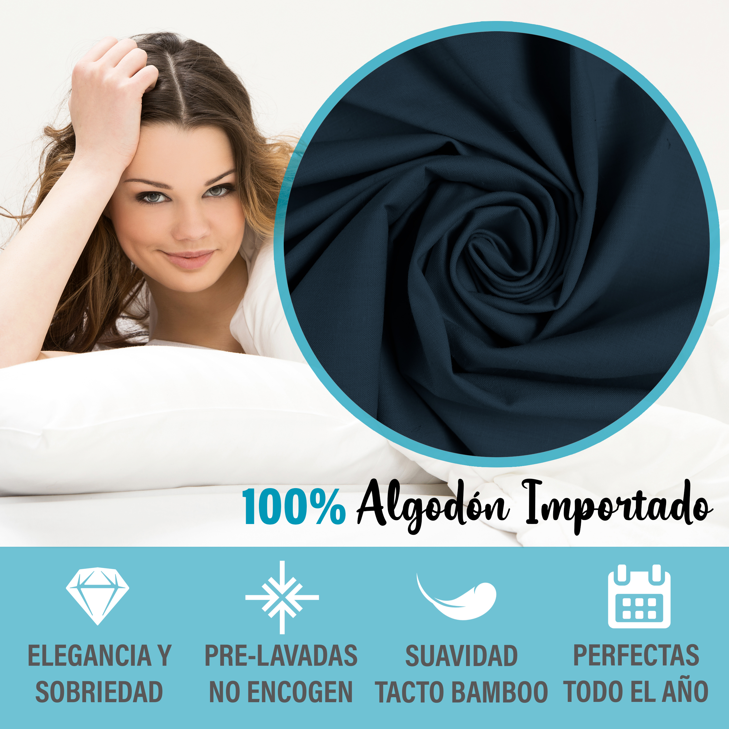 Juego De Sábanas Algodón Matrimonial Color Azul Marino 4 Pzas Transpirable