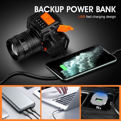 "Lámpara Led Cabeza Minera Recargable Descargable Impermeable negro naranja "