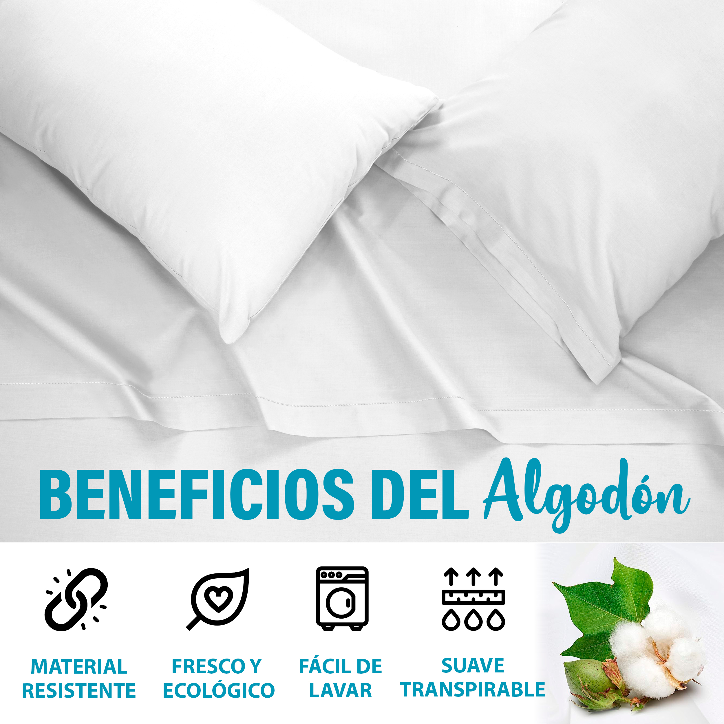 Juego De Sábanas Algodón Matrimonial Color Blanco 4 Pzas Transpirable.