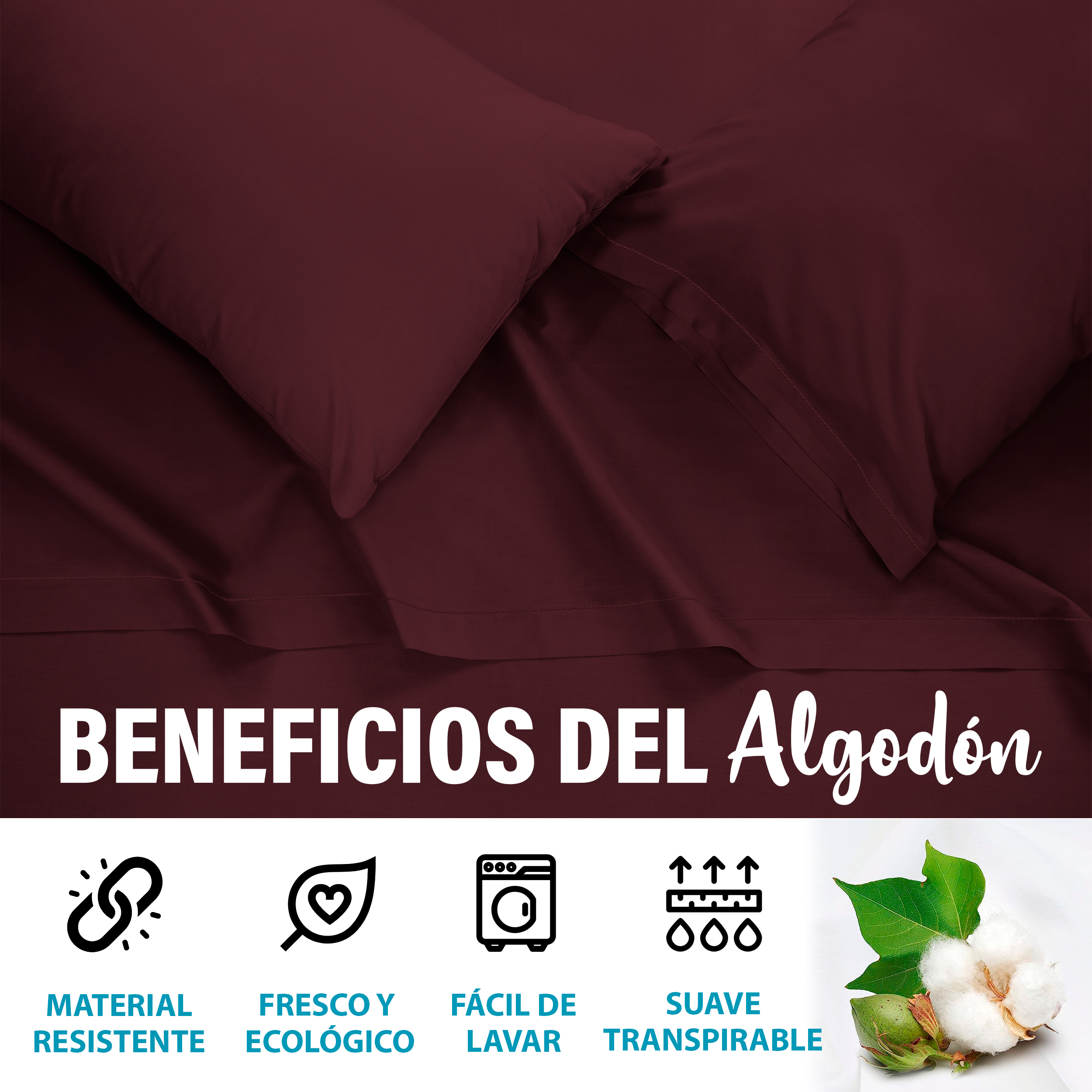 Juego De Sábanas Algodón Matrimonial Color Guindo 4 Pzas Transpirable