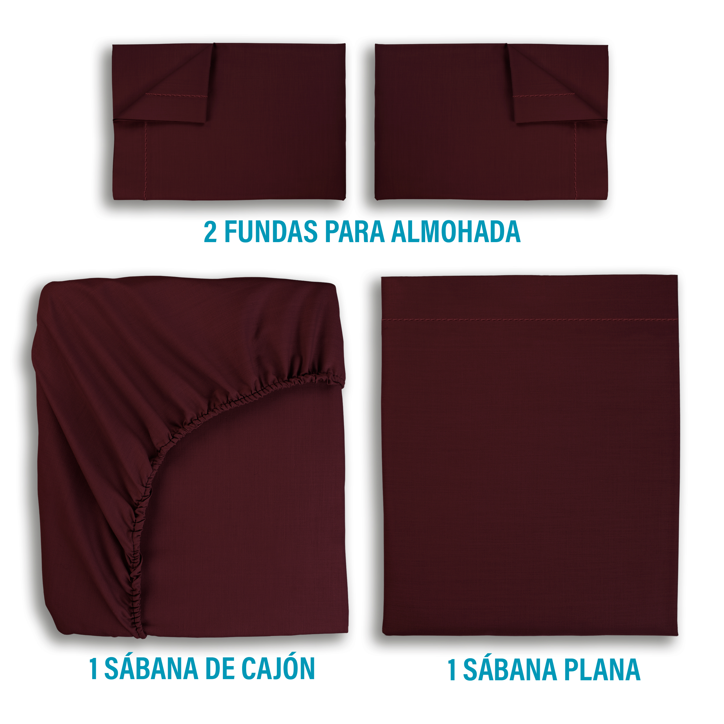 Juego De Sábanas Algodón Matrimonial Color Guindo 4 Pzas Transpirable