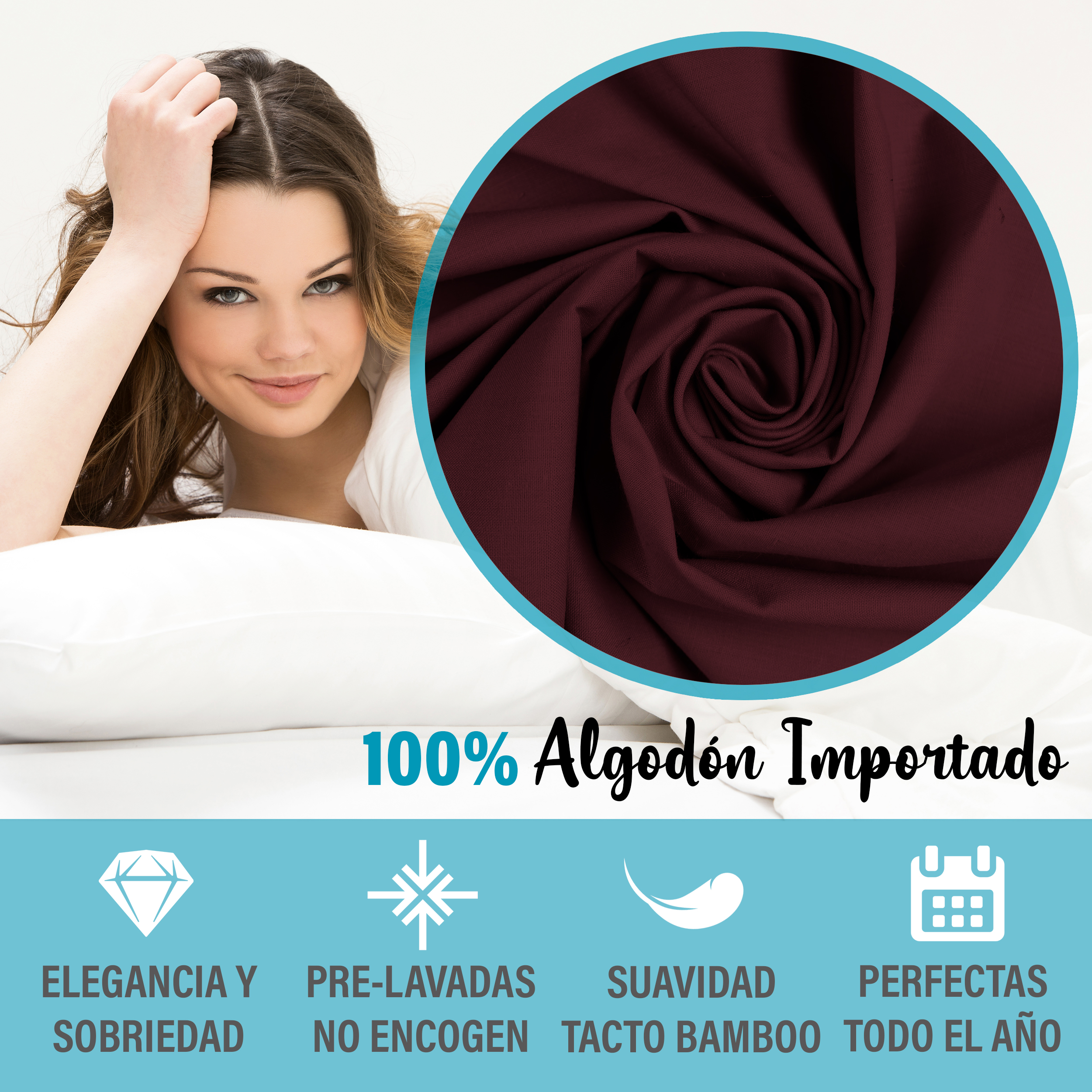 Juego De Sábanas Algodón Matrimonial Color Guindo 4 Pzas Transpirable