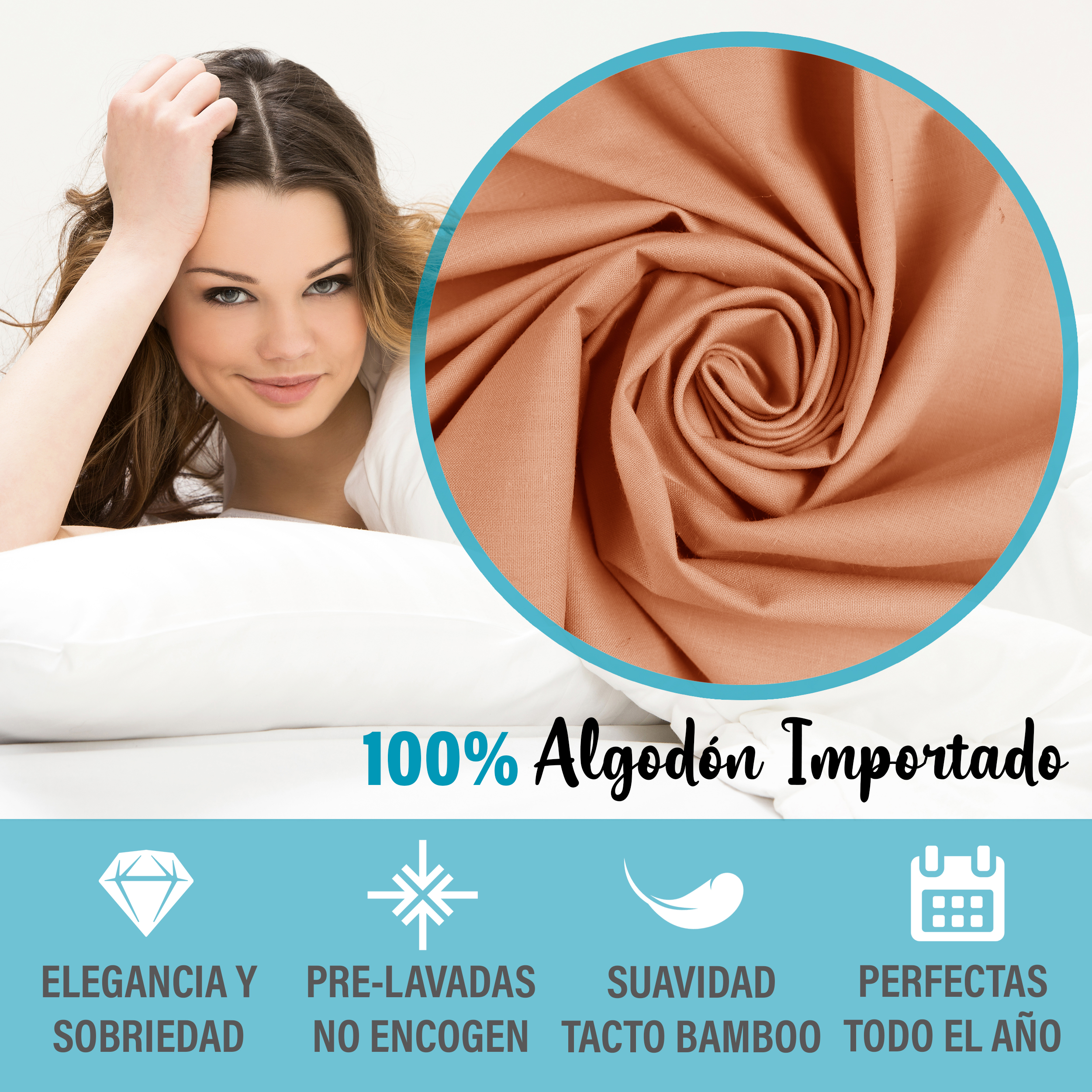 Juego De Sábanas Algodón Queen Size Color Durazno 4 Pzas Transpirable