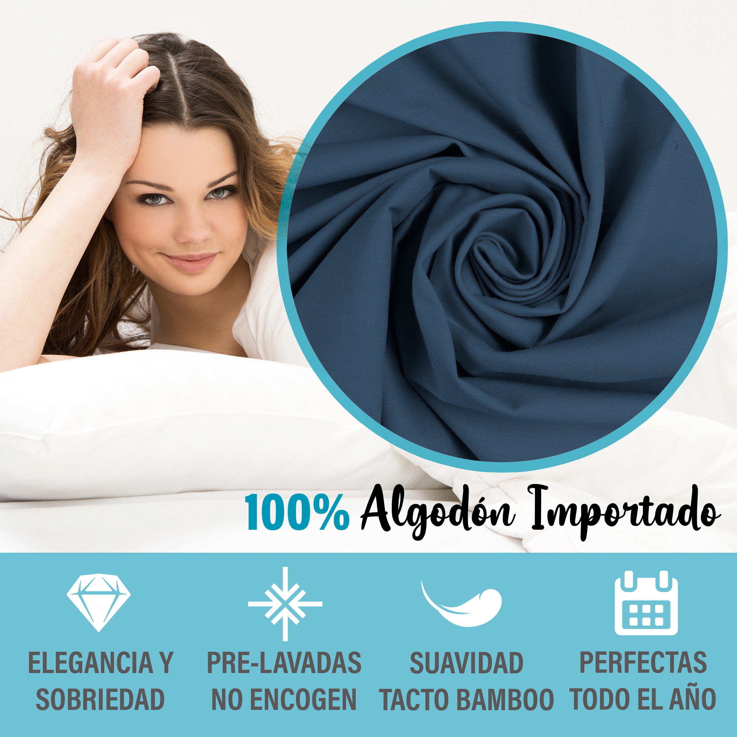 Juego De Sábanas Algodón Queen Size Color Mezclilla 4 Pzas Transpirable
