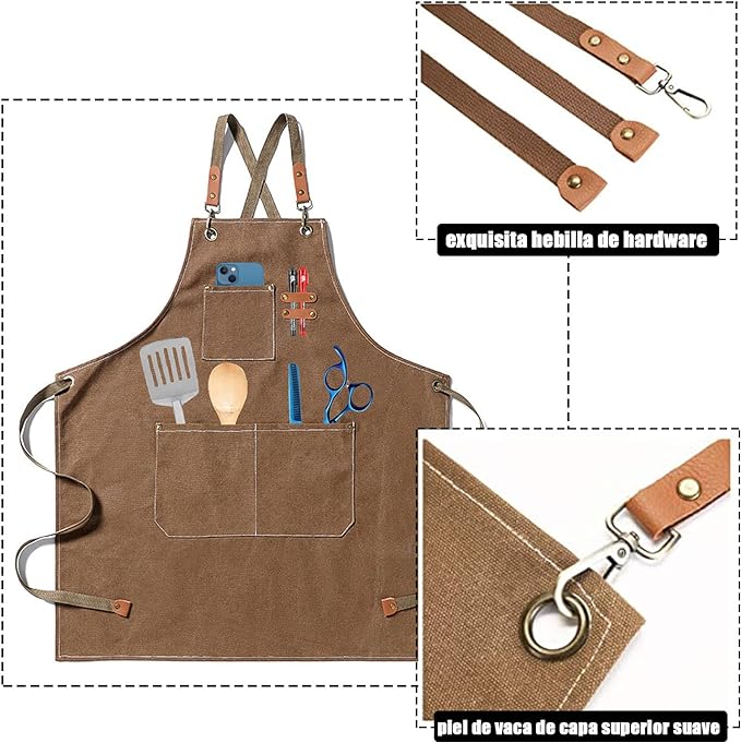 A Mandil Parrillero，Delantal para barbacoa, delantal impermeable para cocina, delantal de mezclilla, delantal con ribete de cuero y bolsillo deslizante para barbacoa, camarero, barbería..
