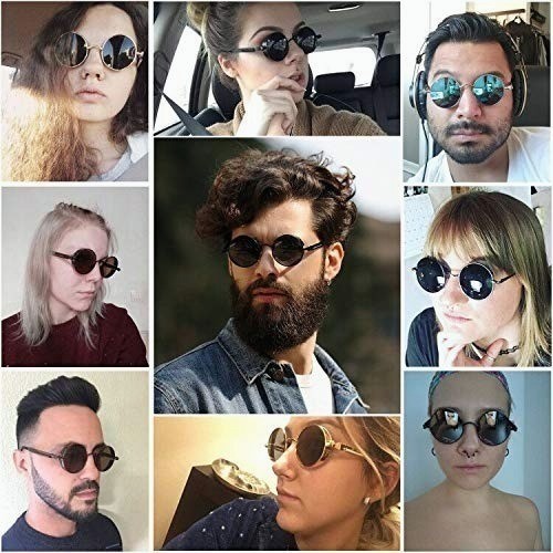 "3 Piezas Lentes Sol Uv-400 Gafas Redondos Steampunk Unisex negro negro con dorado y rojo ".