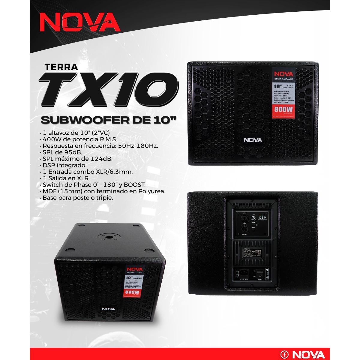 Subwoofer Amplificado NOVA TERRA TX10 10 Pulgadas 400w Rms.