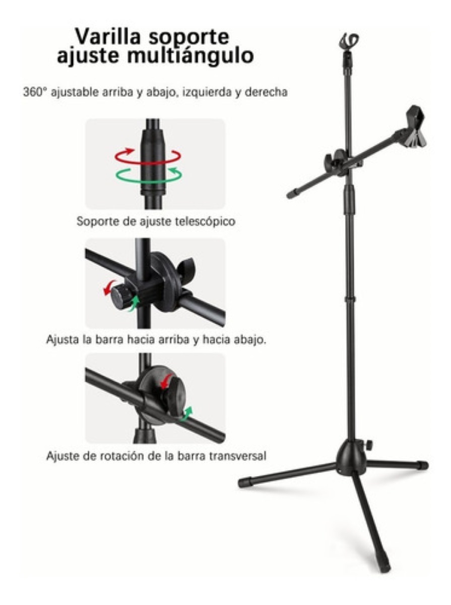 Soporte De Micrófono Trípode Boom Con 4 Clips De Micrófono Negro