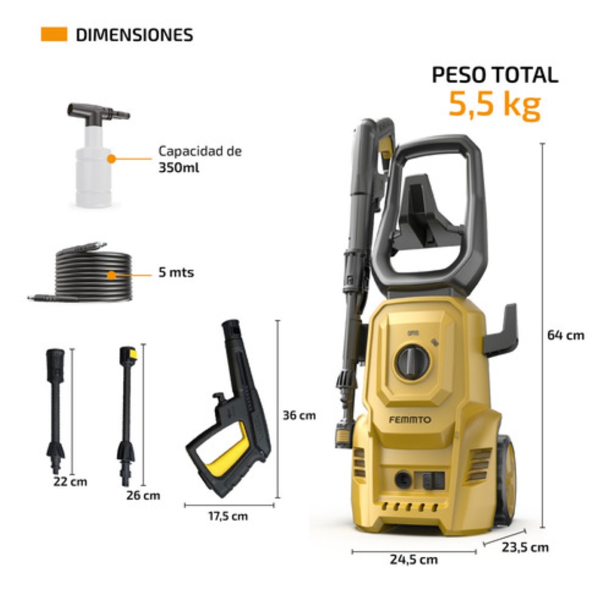 Hidrolavadora Electrica 1400w 1600 Psi Alta Presion 127v amarilla