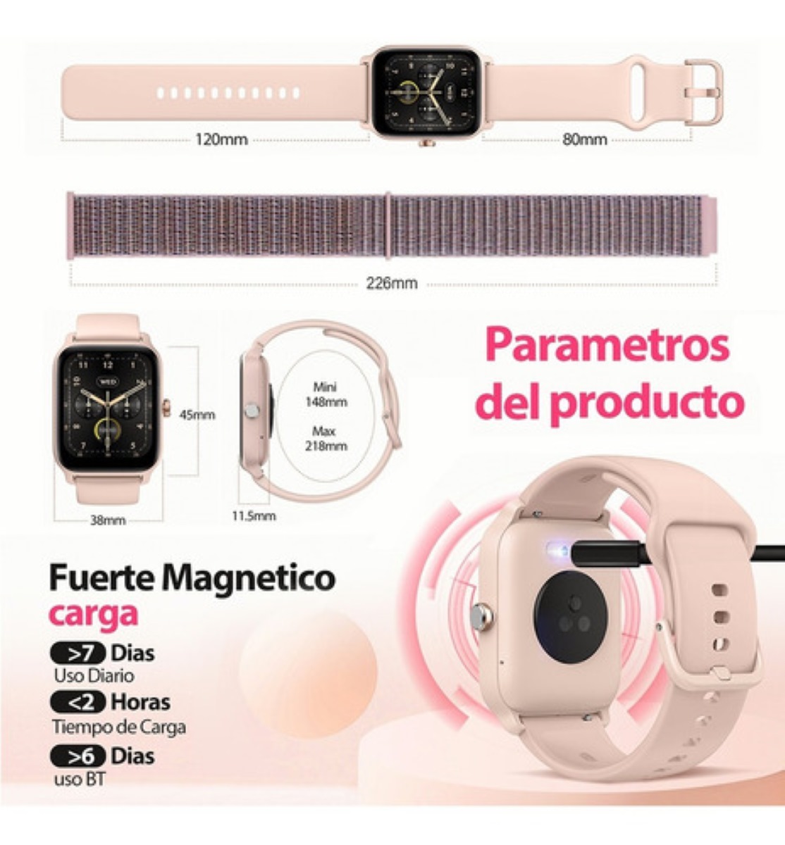 Smartwatch 1.8'' Reloj Inteligente Bluetooth Llamada Alexa rosa