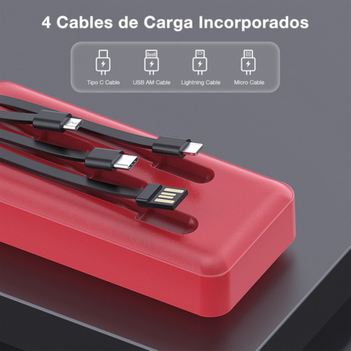 Batería Portátil Power Bank 20000mAh 1Hora GAR159 con 4 Cables Incorporados Rojo