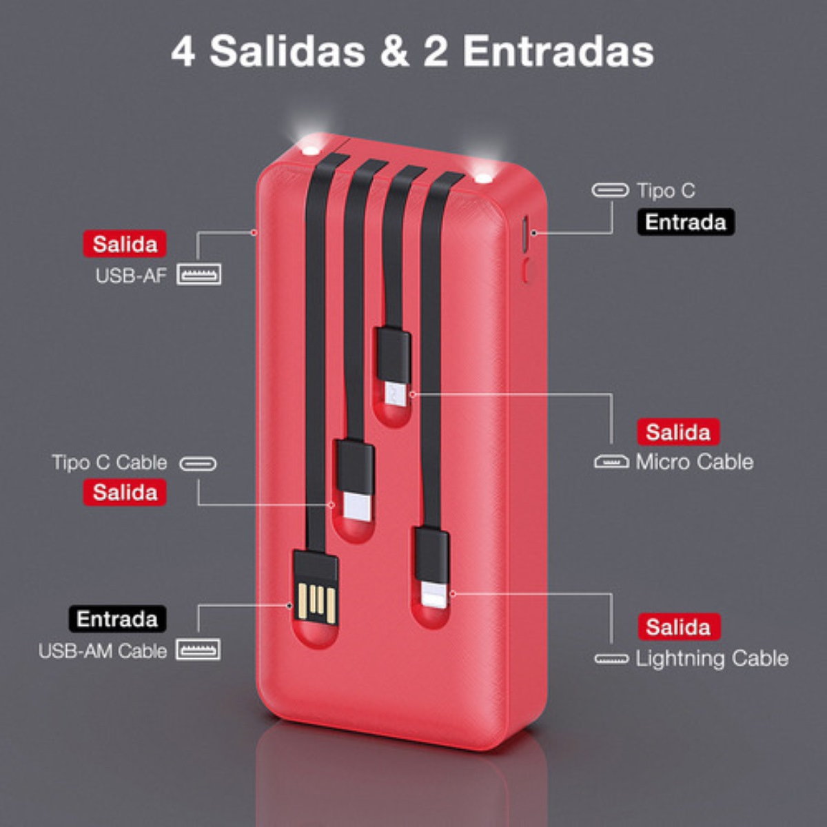 Batería Portátil Power Bank 20000mAh 1Hora GAR159 con 4 Cables Incorporados Rojo