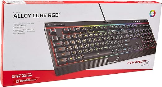 HyperX Alloy Core RGB – Teclado gamer español de membrana – Teclas silenciosas y rápidas con iluminación dinámica RGB, Resistente a derrames, Compatible con Windows 10/8.1/8/7 – Teclas Español Latam.