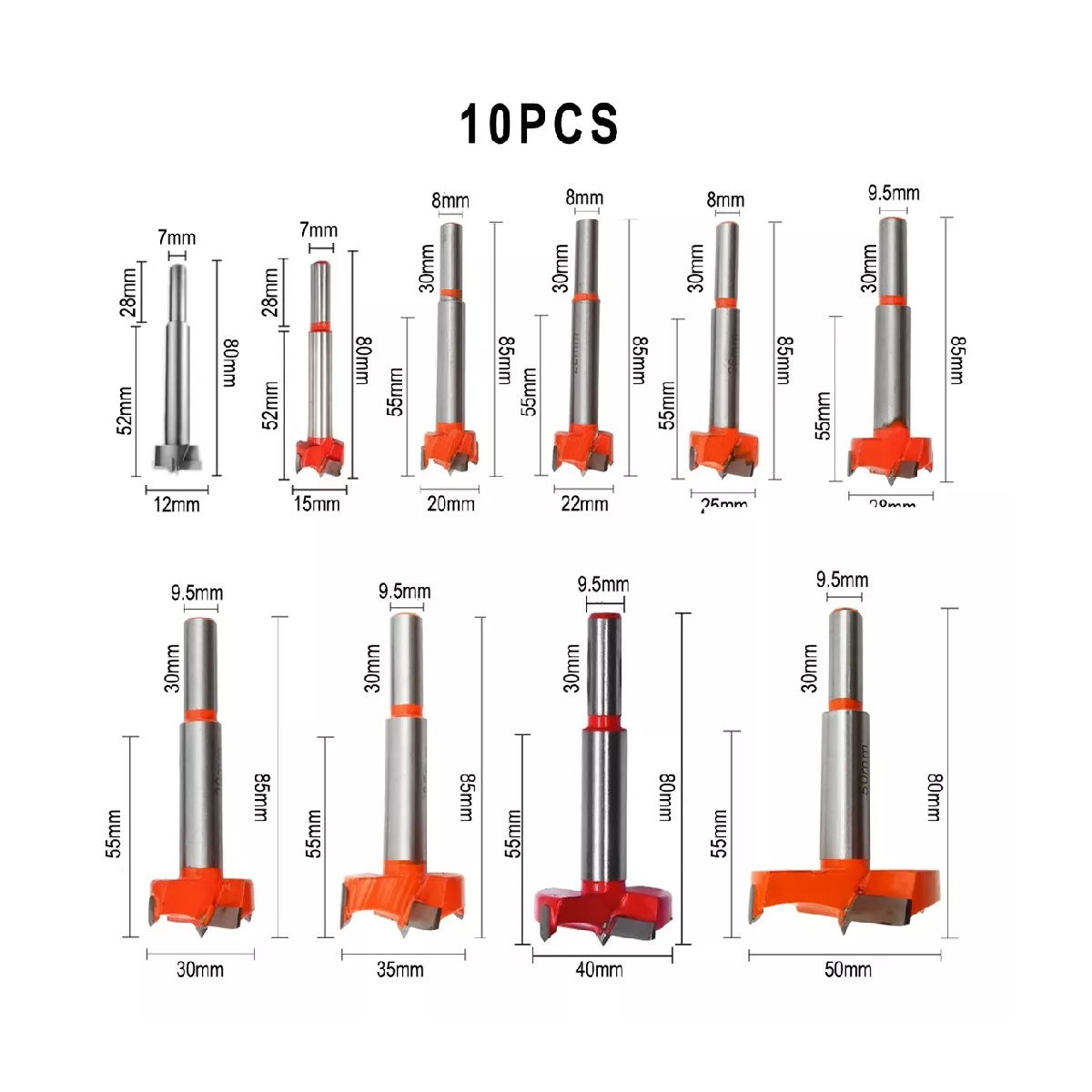 10 Pcs Broca Para Bisagra Forstner 12-35 Mm Madera Con Tope naranja.