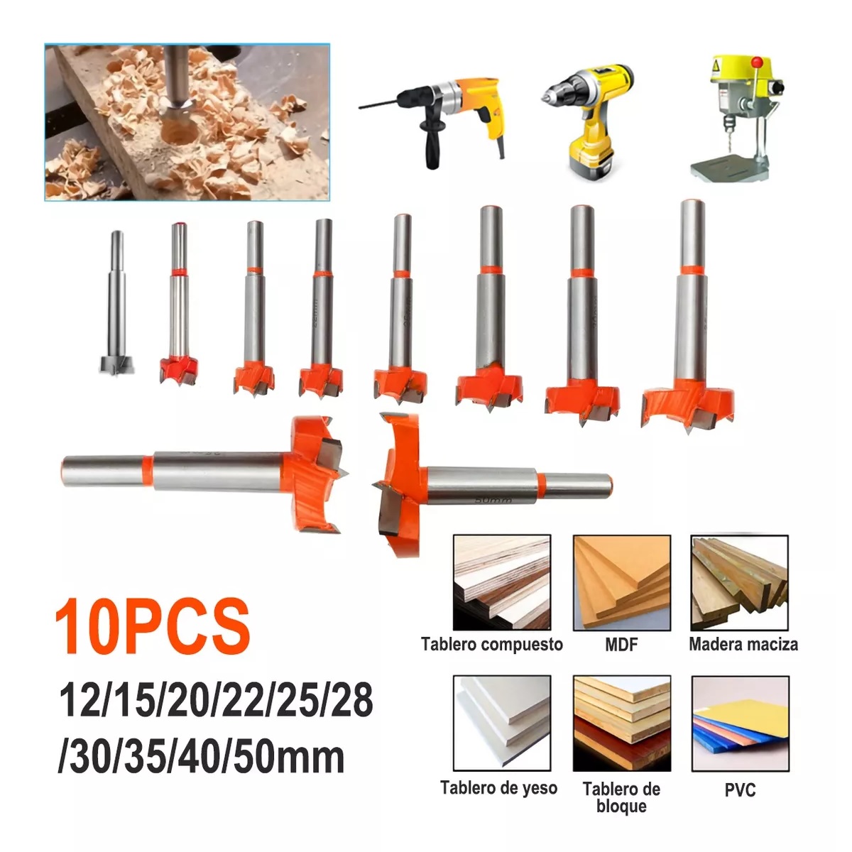 10 Pcs Broca Para Bisagra Forstner 12-35 Mm Madera Con Tope naranja.