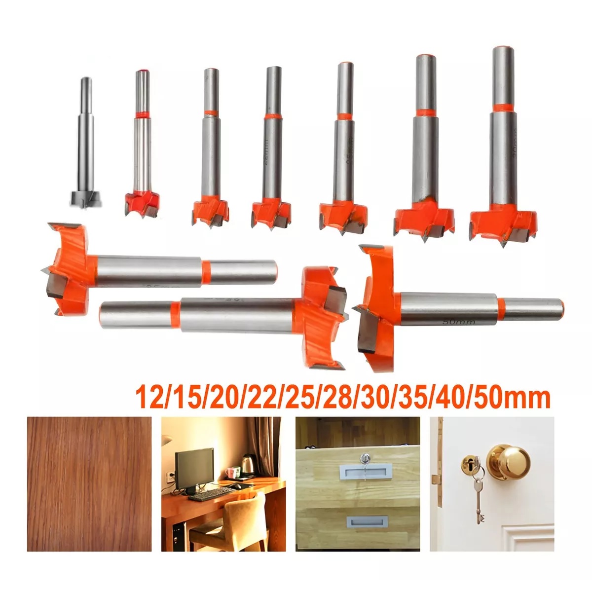 10 Pcs Broca Para Bisagra Forstner 12-35 Mm Madera Con Tope naranja.