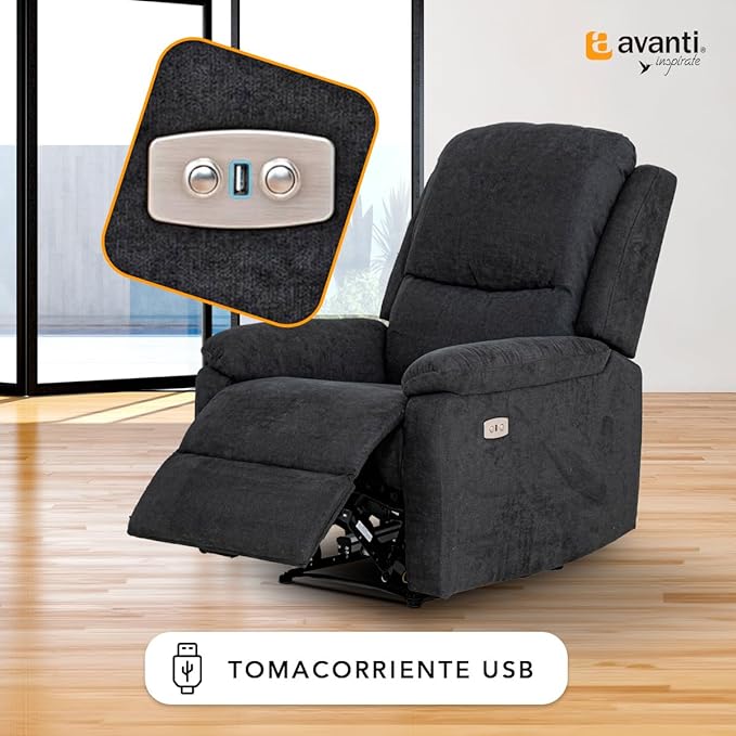 SILLÓN RECLINABLE ELÉCTRICO TYSON DE TELA GRIS CON ENTRADA USB.