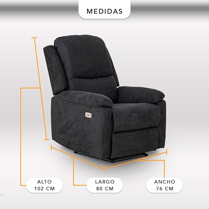 SILLÓN RECLINABLE ELÉCTRICO TYSON DE TELA GRIS CON ENTRADA USB.