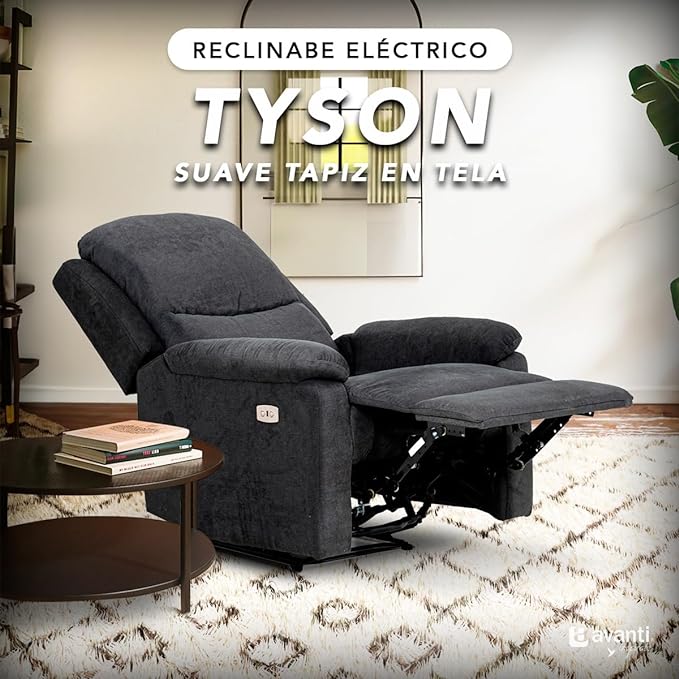 SILLÓN RECLINABLE ELÉCTRICO TYSON DE TELA GRIS CON ENTRADA USB.