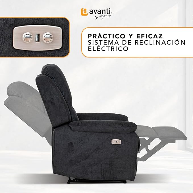 SILLÓN RECLINABLE ELÉCTRICO TYSON DE TELA GRIS CON ENTRADA USB.