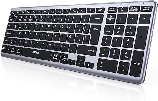 UGREEN Teclado Inalámbrico Español, Teclado Recargable Bluetooth & 2.4G Delgado y Compacto, Multidispositivo Bluetooth Keyboard con Cable USB-C, Compatible con macOS, iOS, Windows, Linux, Android.
