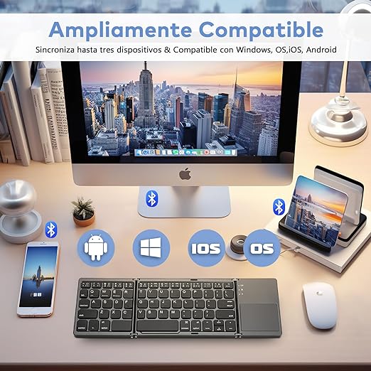Teclado Bluetooth Plegable,Teclado Inalámbrico Portátil Tri-Plegable con Touchpad, Mini Teclado Ergonomico Plegable Ultradelgado,Sincronización de Hasta 3 Dispositivos,para Windows iOS, Android.
