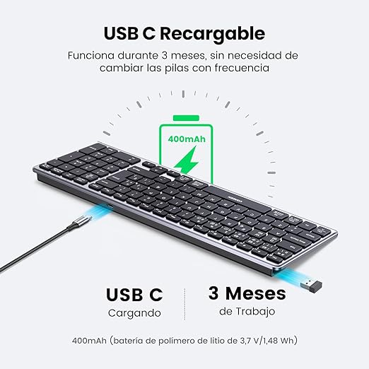 UGREEN Teclado Inalámbrico Español, Teclado Recargable Bluetooth