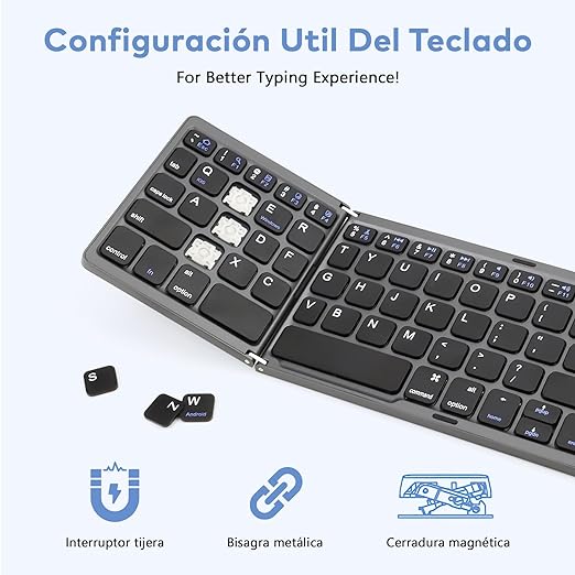 Teclado Bluetooth Plegable,Teclado Inalámbrico Portátil Tri-Plegable con Touchpad, Mini Teclado Ergonomico Plegable Ultradelgado,Sincronización de Hasta 3 Dispositivos,para Windows iOS, Android.